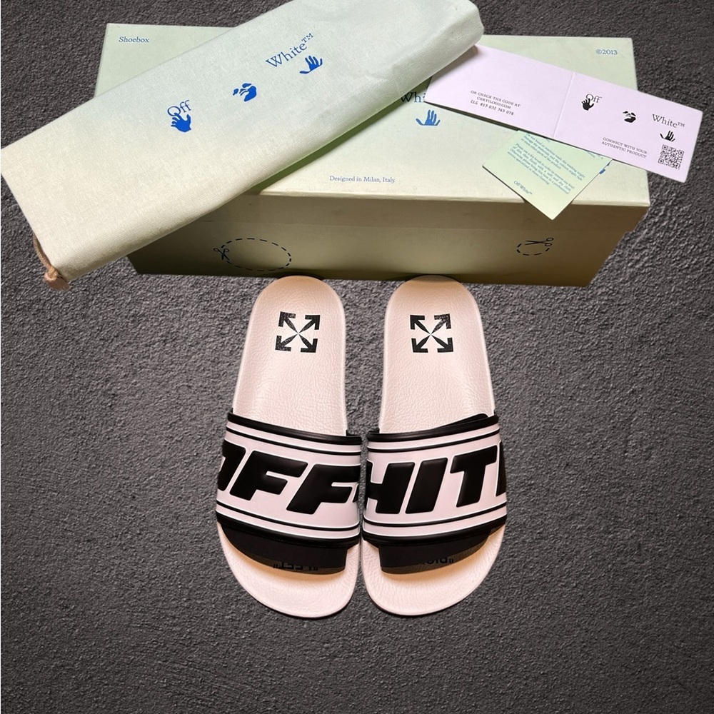 Off-White Logo Pool Sliders Size 36 Black and White Women’s or Men’s NIB